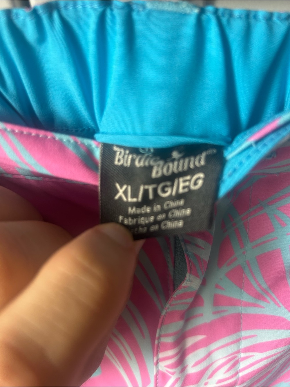 Men's Pink Tropical Swim Trunks with Light Blue Leaf Print - Picture 3 of 4